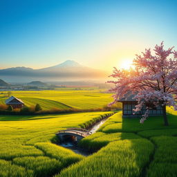 A vast and tranquil Japanese countryside landscape, featuring lush green rice fields and a distant view of majestic snow-capped mountains