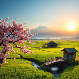 A vast and tranquil Japanese countryside landscape, featuring lush green rice fields and a distant view of majestic snow-capped mountains