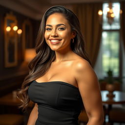 A confident, beautiful woman with a radiant smile, filled with self-assurance