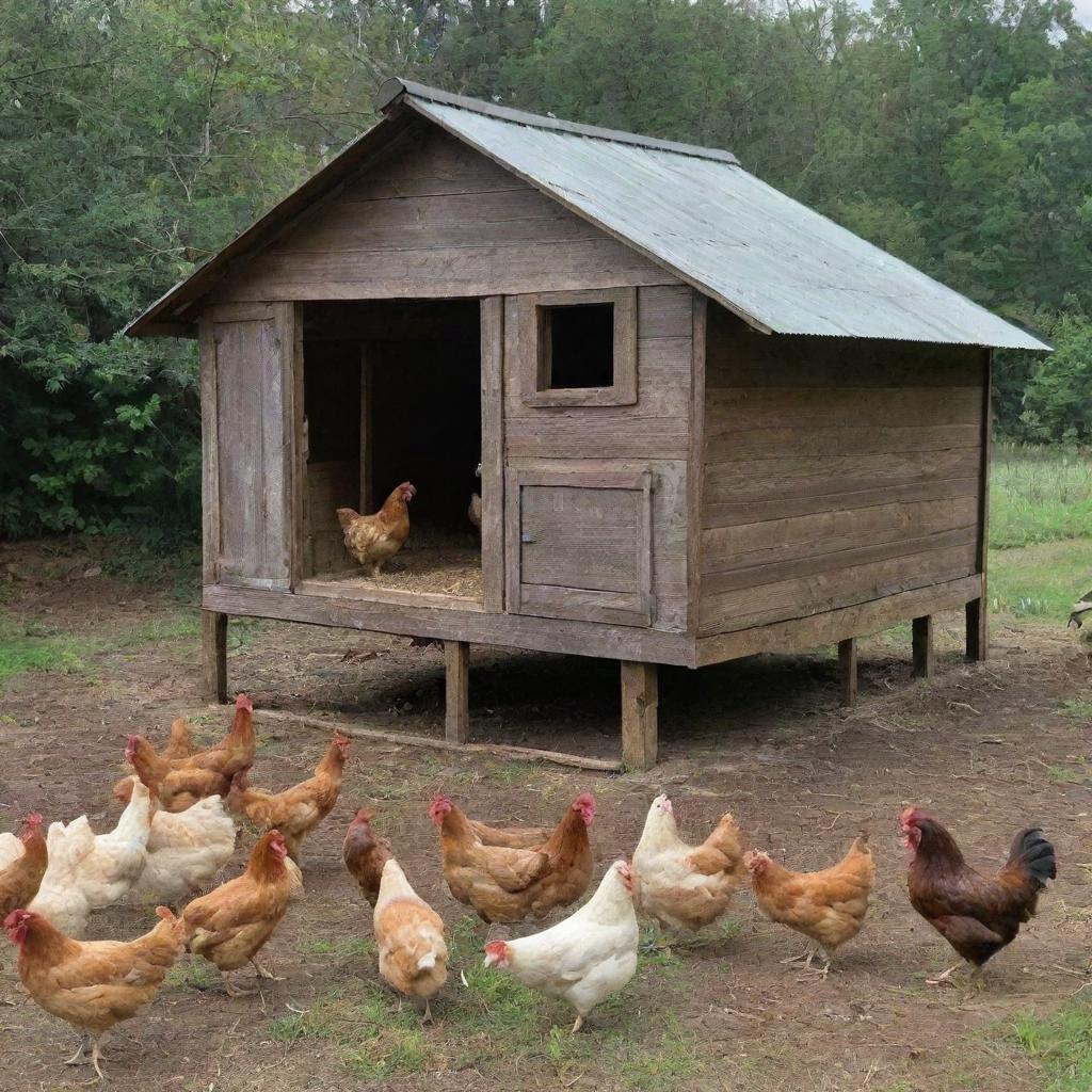 A bustling scene of a chicken coop with chickens labeled 'Pio Pio'