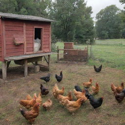 A bustling scene of a chicken coop with chickens labeled 'Pio Pio'