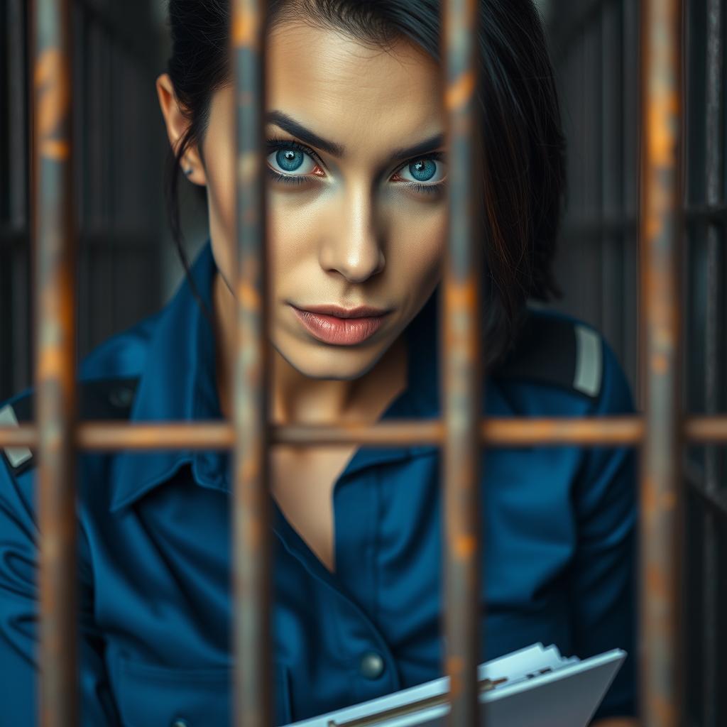 Extreme close-up shot of a woman who resembles a police officer with striking blue eyes and dark hair styled immaculately