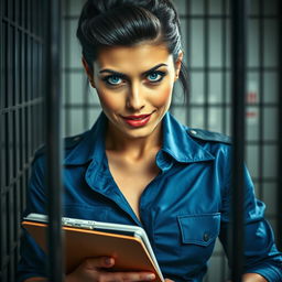 Extreme close-up shot of a woman who resembles a police officer with striking blue eyes and dark hair styled immaculately