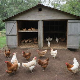 A bustling scene of a chicken coop with chickens labeled 'Pio Pio'