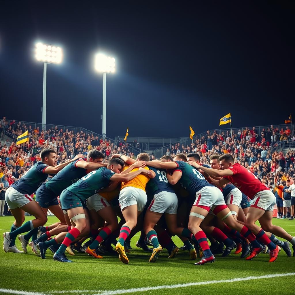 A dynamic and intense rugby scrum taking place in a bustling stadium