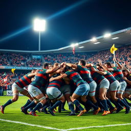 A dynamic and intense rugby scrum taking place in a bustling stadium