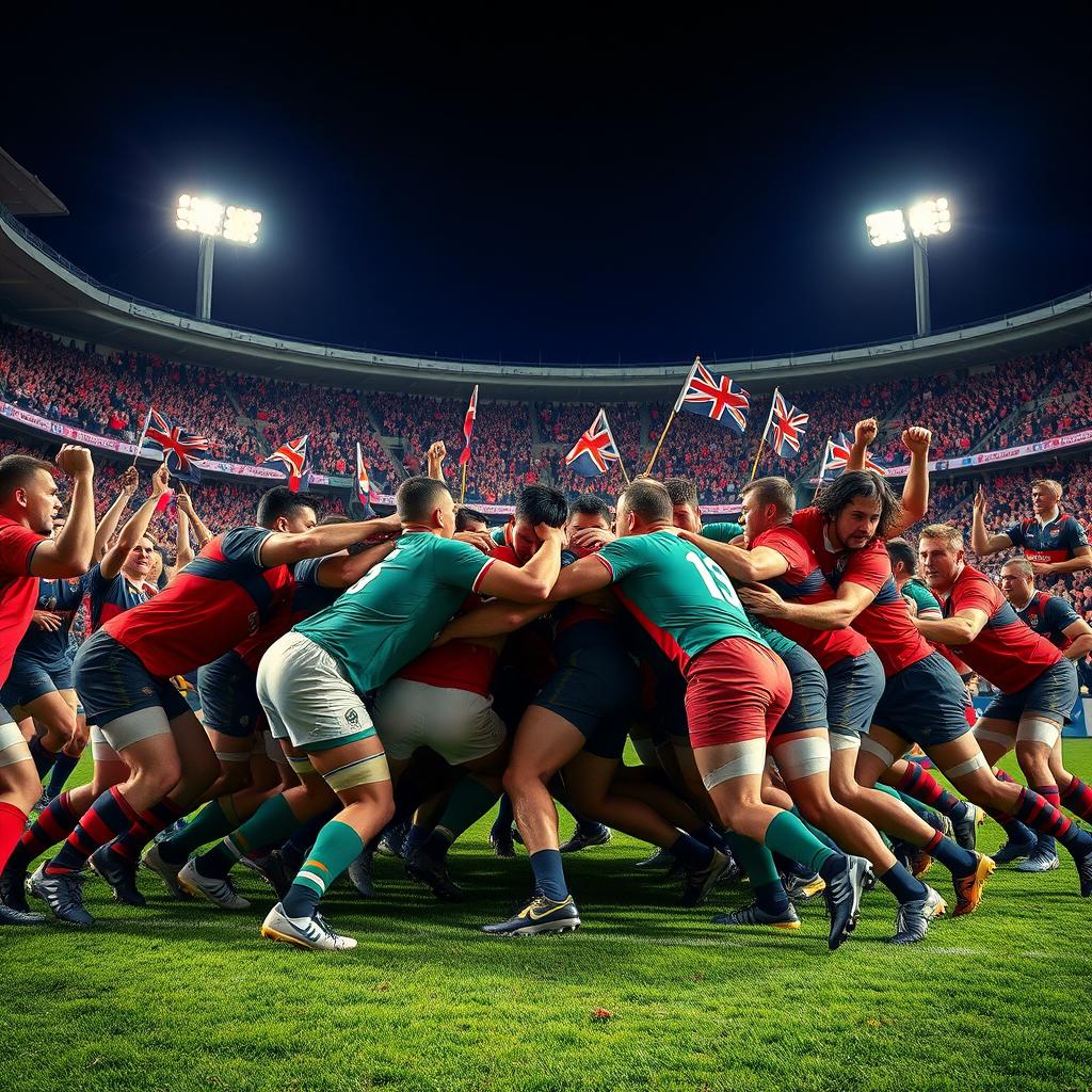 A dynamic and intense rugby scrum taking place in a bustling stadium