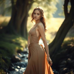 A tastefully artistic depiction of a woman, celebrated for her natural beauty and elegance, standing gracefully in a serene and private natural setting