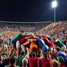 A dynamic and intense rugby scrum taking place in a bustling stadium