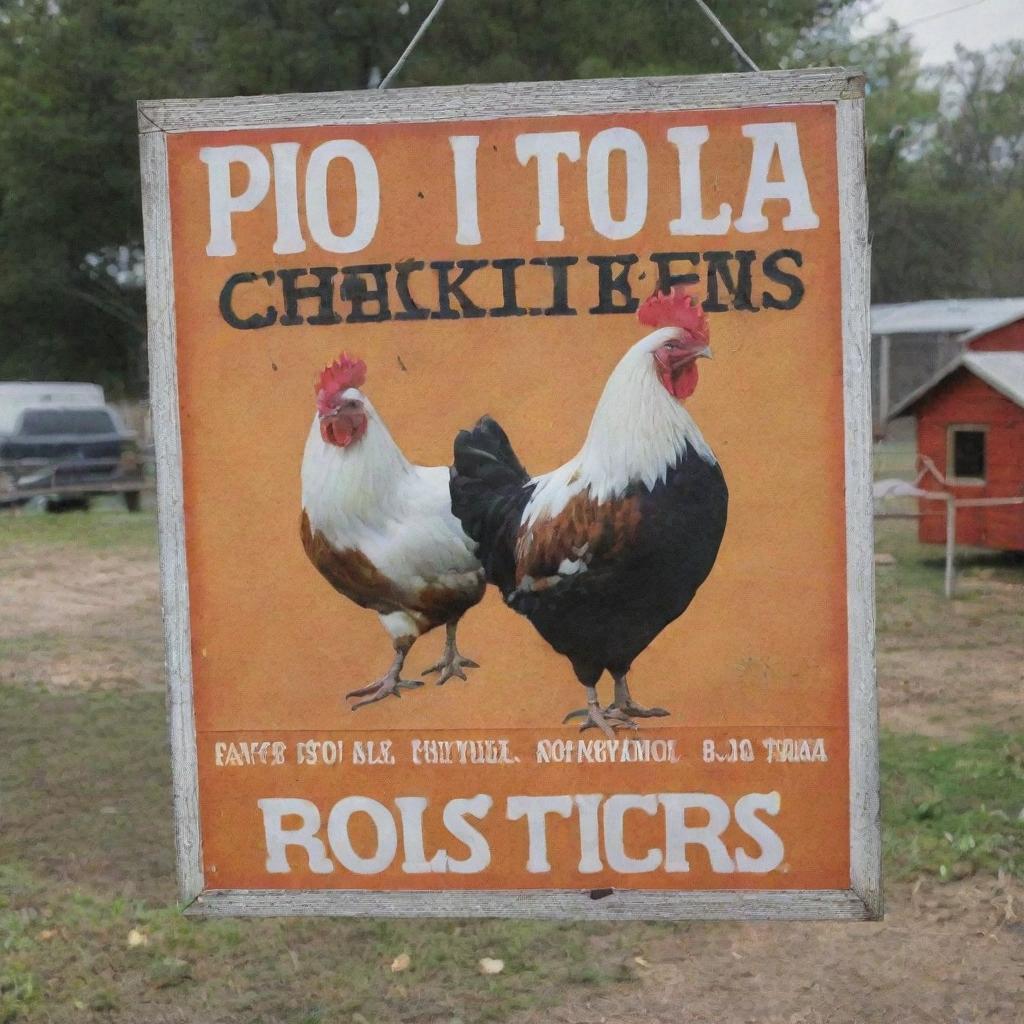 An eye-catching sign advertising 'Pio Pio' chickens for sale at a chicken coop