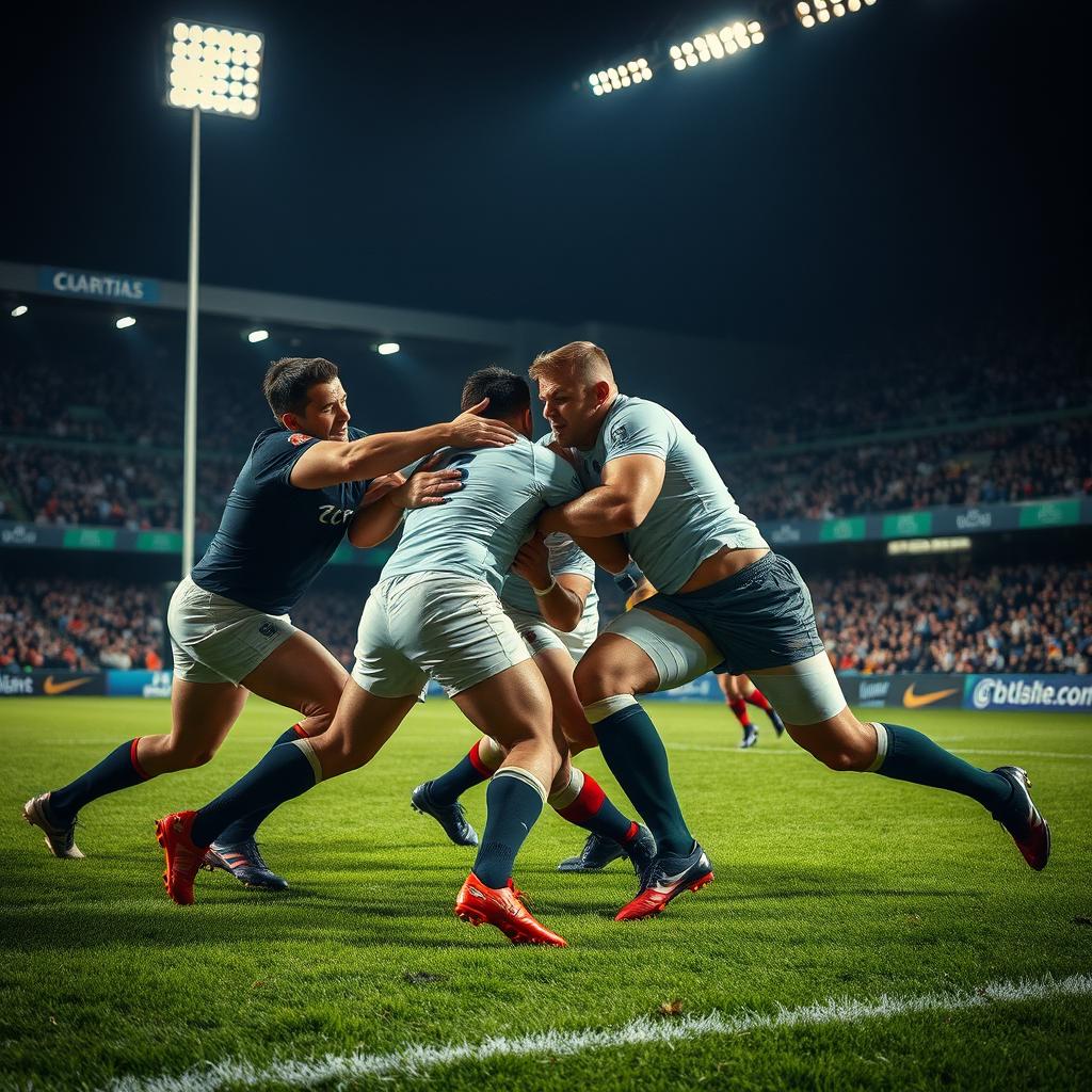 A dynamic and intense scene capturing a fierce rugby player fight during a match in a stadium