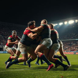 A dynamic and intense scene capturing a fierce rugby player fight during a match in a stadium