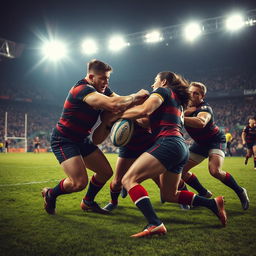 A dynamic and intense scene capturing a fierce rugby player fight during a match in a stadium