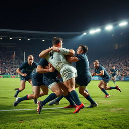 A dynamic and intense scene capturing a fierce rugby player fight during a match in a stadium