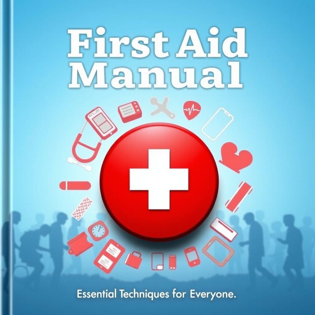 First Aid Manual cover featuring a symbolic red cross at the center, surrounded by medical icons like a stethoscope, bandages, and a heart monitor