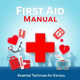 First Aid Manual cover featuring a symbolic red cross at the center, surrounded by medical icons like a stethoscope, bandages, and a heart monitor