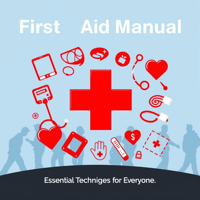 First Aid Manual cover featuring a symbolic red cross at the center, surrounded by medical icons like a stethoscope, bandages, and a heart monitor