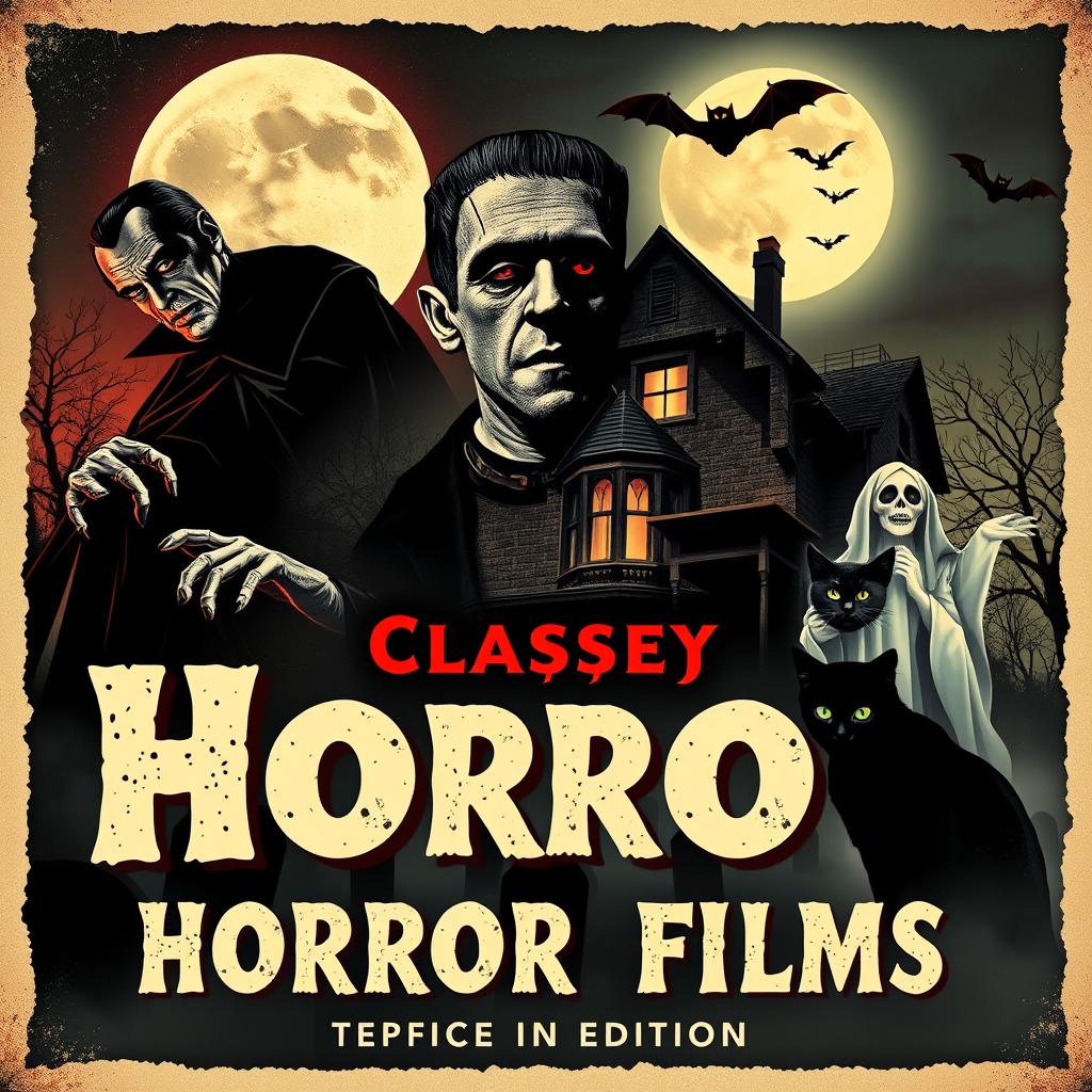 A homage to iconic classic horror films, featuring a vintage movie poster collage