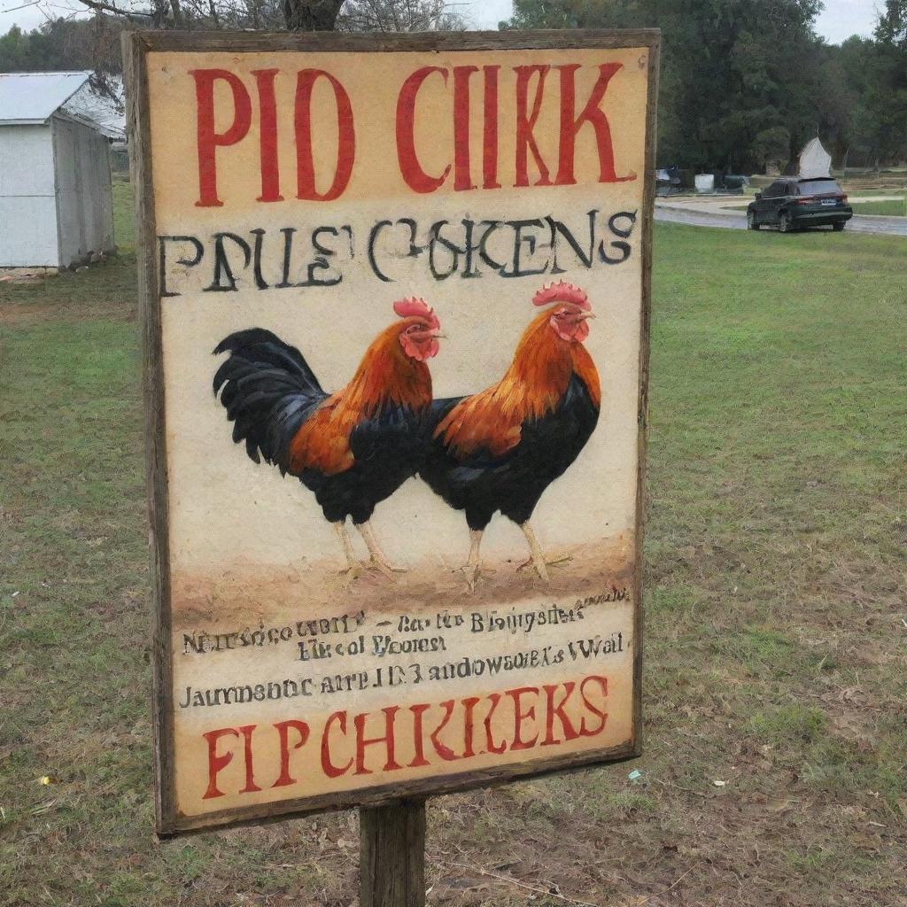 An eye-catching sign advertising 'Pio Pio' chickens for sale at a chicken coop