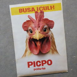 Un atractivo cartel en español que anuncia 'Pollos Pio Pio' a la venta en un galpón