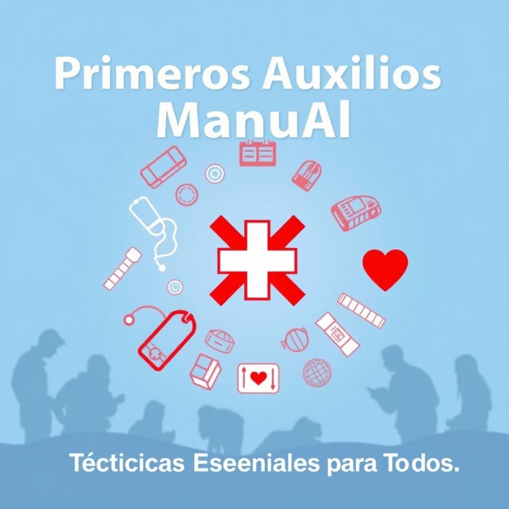 First Aid Manual cover featuring a symbolic red cross at the center, surrounded by medical icons like a stethoscope, bandages, and a heart monitor