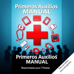 First Aid Manual cover featuring a symbolic red cross at the center, surrounded by medical icons like a stethoscope, bandages, and a heart monitor