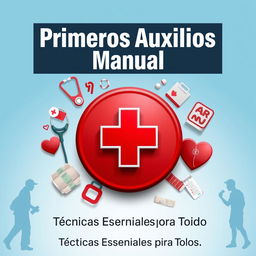 First Aid Manual cover featuring a symbolic red cross at the center, surrounded by medical icons like a stethoscope, bandages, and a heart monitor