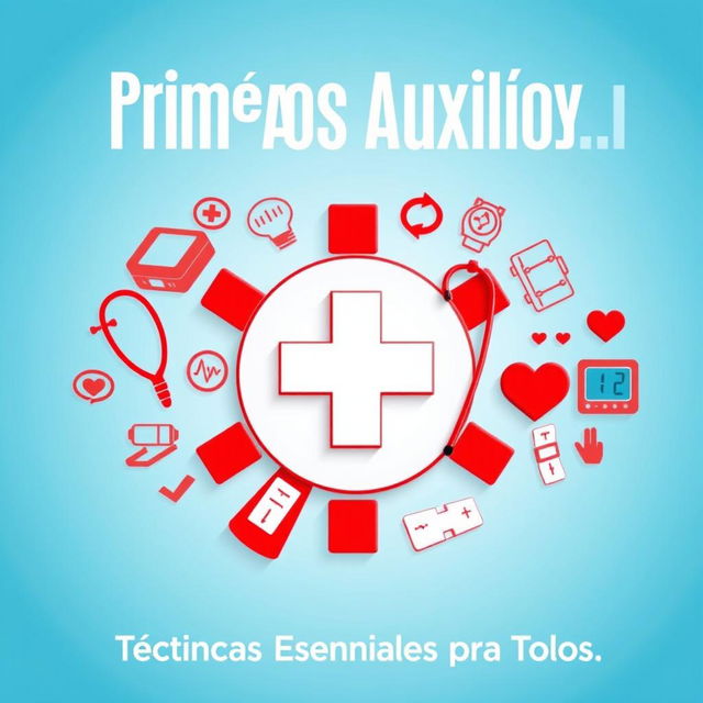 First Aid Manual cover featuring a symbolic red cross at the center, surrounded by medical icons like a stethoscope, bandages, and a heart monitor