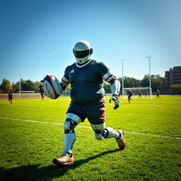 A rotund, muscular robot training rugby on a lush green field under a clear blue sky