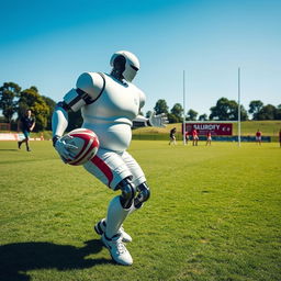 A rotund, muscular robot training rugby on a lush green field under a clear blue sky