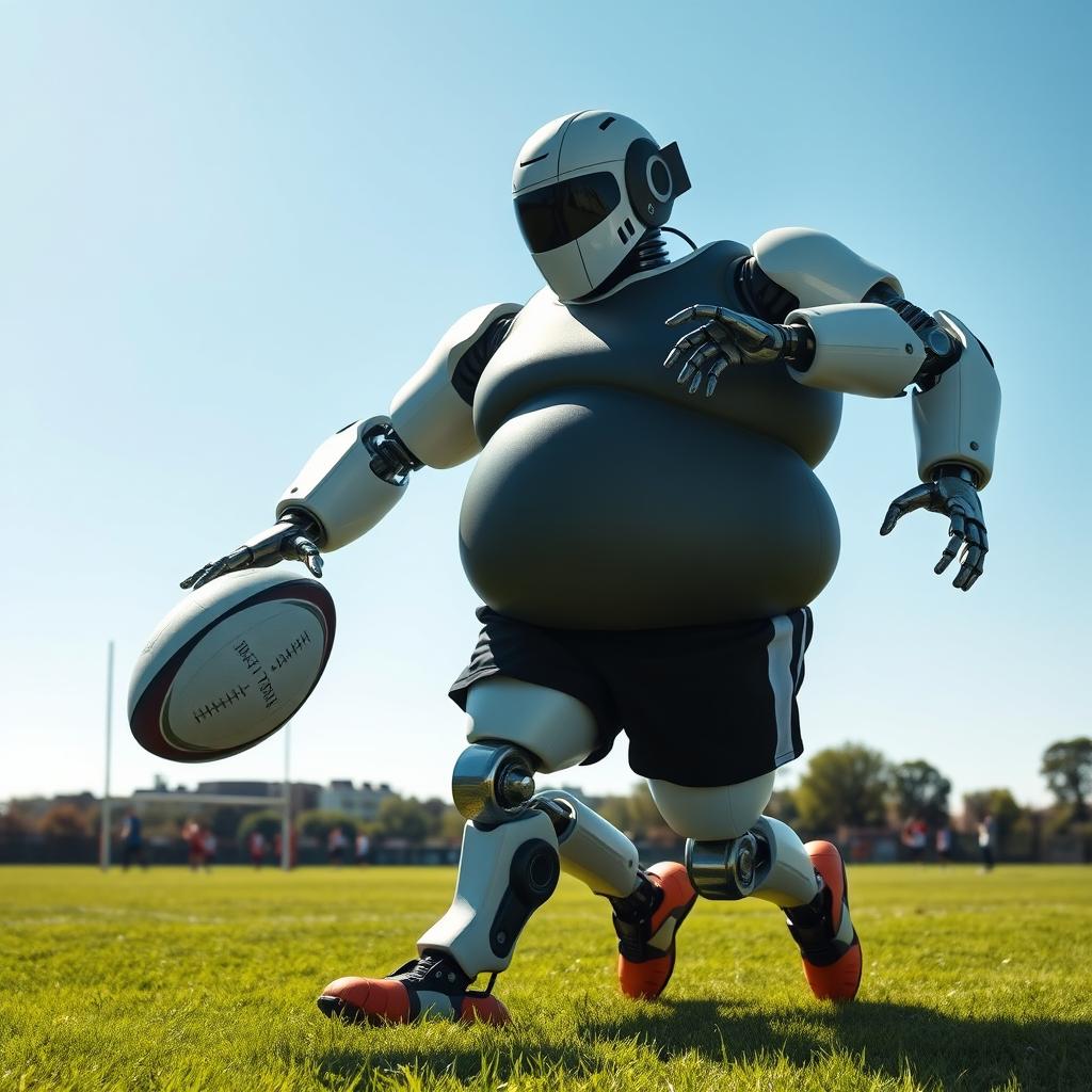 A rotund, muscular robot training rugby on a lush green field under a clear blue sky