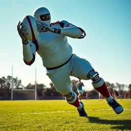 A rotund, muscular robot training rugby on a lush green field under a clear blue sky