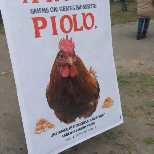 Un atractivo cartel en español que anuncia 'Pollos Pio Pio' a la venta en un galpón