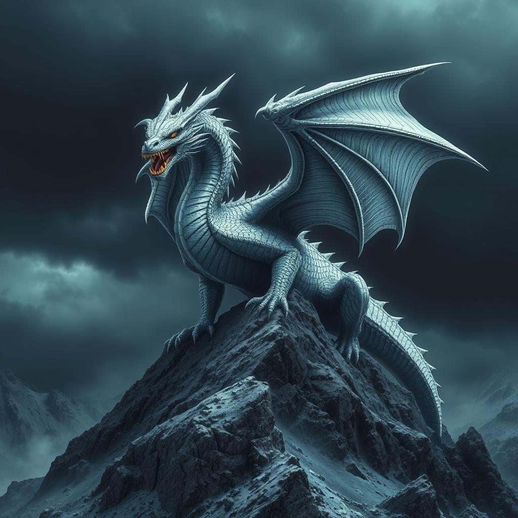 A formidable silver dragon emanating an air of malevolence and sinister intent, perched atop a jagged mountain peak