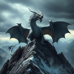 A formidable silver dragon emanating an air of malevolence and sinister intent, perched atop a jagged mountain peak