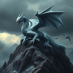 A formidable silver dragon emanating an air of malevolence and sinister intent, perched atop a jagged mountain peak