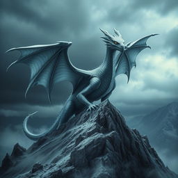 A formidable silver dragon emanating an air of malevolence and sinister intent, perched atop a jagged mountain peak