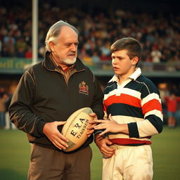 A nostalgic scene capturing a rugby coach and player during a memorable moment