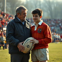 A nostalgic scene capturing a rugby coach and player during a memorable moment