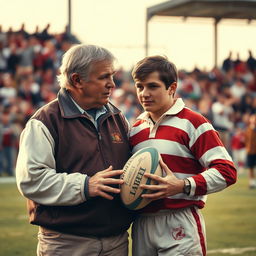 A nostalgic scene capturing a rugby coach and player during a memorable moment