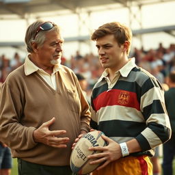 A nostalgic scene capturing a rugby coach and player during a memorable moment