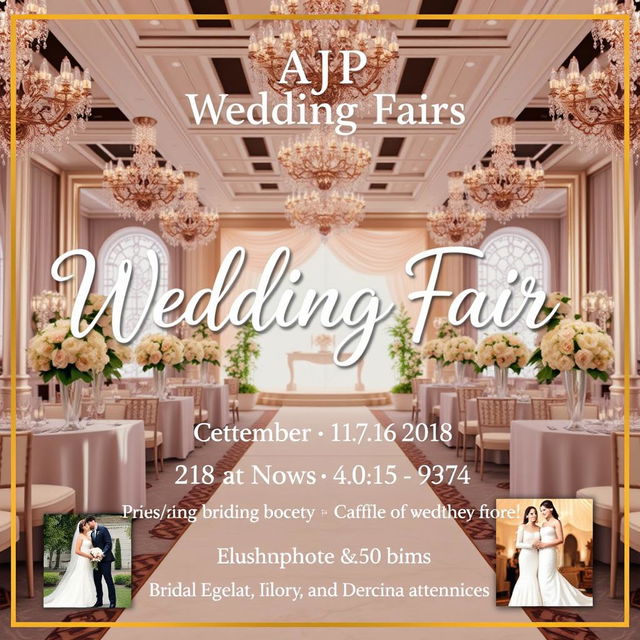 A beautiful and elegant wedding fair poster featuring a stunning venue with elegant floral arrangements, romantic lighting, and a stylish bridal runway