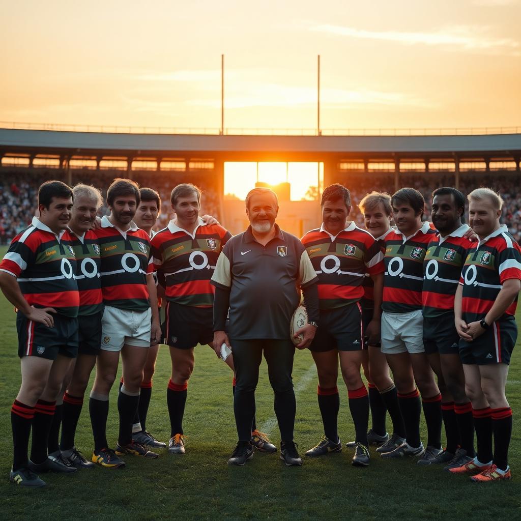 A nostalgic gathering of a rugby coach with 12 players, capturing a memorable moment on a rugby field