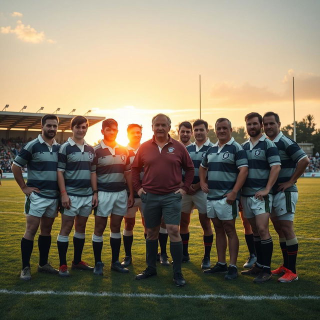 A nostalgic gathering of a rugby coach with 12 players, capturing a memorable moment on a rugby field