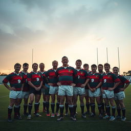 A nostalgic gathering of a rugby coach with 12 players, capturing a memorable moment on a rugby field