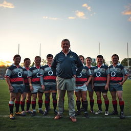 A nostalgic gathering of a rugby coach with 12 players, capturing a memorable moment on a rugby field