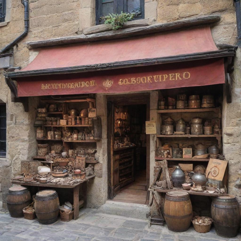 A vibrant medieval store filled with vintage articles like armor, tools, and manuscripts, surrounded by cobblestone streets.