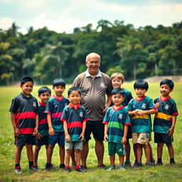 A nostalgic scene of a rugby coach with 12 children on a rugby field in Malaysia