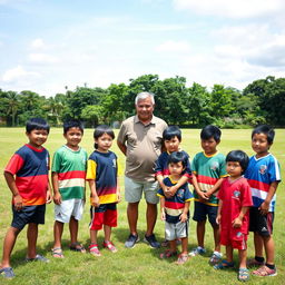 A nostalgic scene of a rugby coach with 12 children on a rugby field in Malaysia