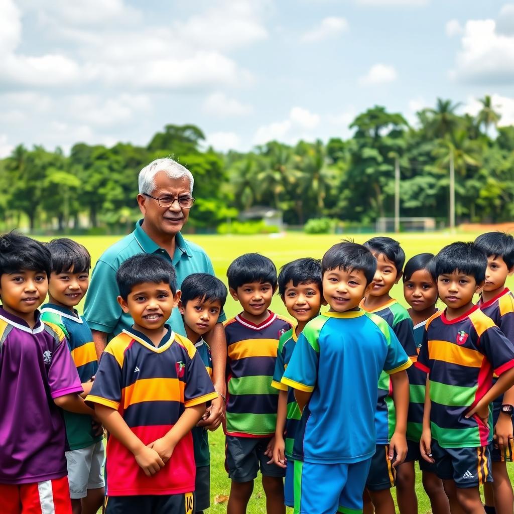 A nostalgic scene of a rugby coach with 12 children on a rugby field in Malaysia